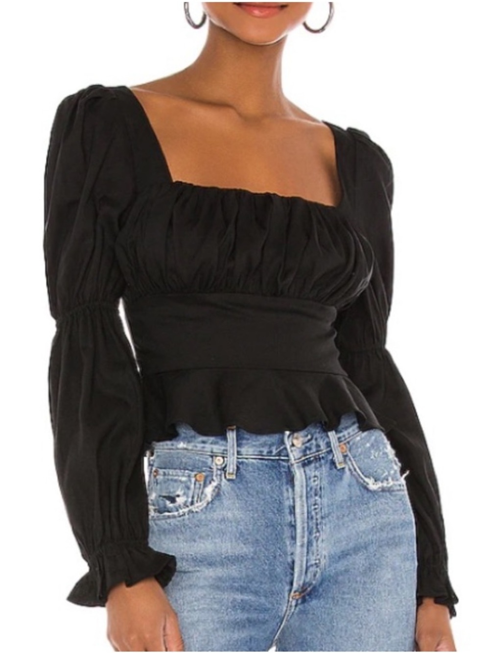 Majorelle Revolve Black Preston Top Long Puff Sleeve Peplum Square Neck Medium